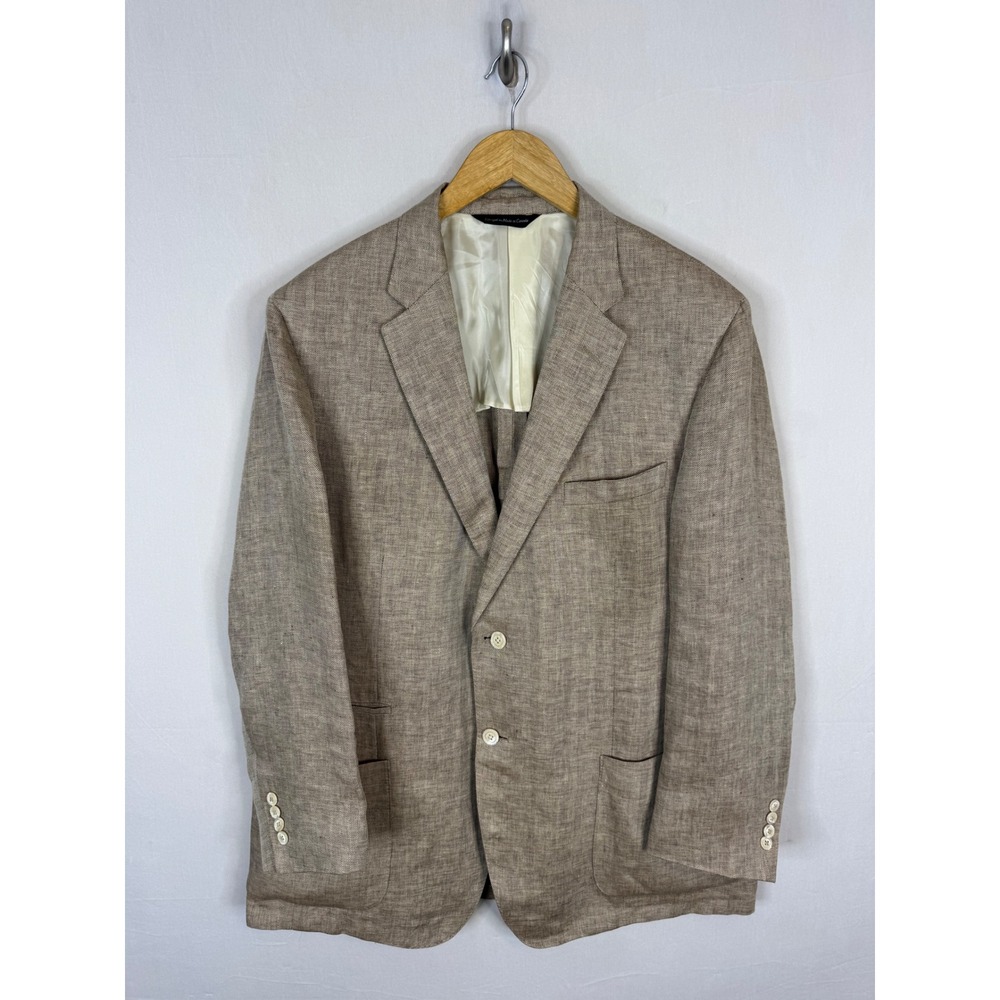Samuelsohn‎ Italy  Mens 46R Linen Blazer Herringbone Sport Coat Tan Brown